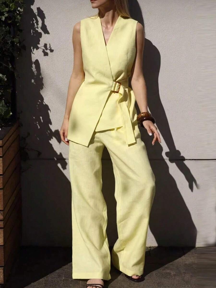 Elegante conjunto de 2 piezas, top sin mangas con cuello en V y cintura anudada, y pantalones anchos de pierna ancha con bolsillos, para primavera - Amarillo - Ver 1