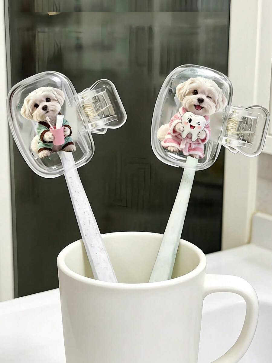 Small White Dog Holding Toothbrush Pattern Portable Toothbrush Protection Box, Toothbrush Protection Hat Holder, Essential Bathroom Accessories For Home And Business Travel, Daily Use, And Outdoor Travel, Portable Toothbrush - Multicolor - View 1