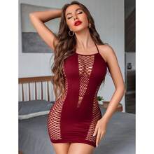 Womens Lingerie Fishnet Dress Mesh Badydoll Fishnet Bodysuit See Through Chemise - Dark Red - 查看 6