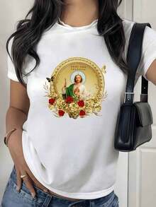 100% Cotton. Representation Of Saint John Surrounded By Golden And Red Flowers Symbolizes Faith, Hope, And Divine Protection With Artistic Details. 100% Cotton Women's T-Shirt, Elegant And Comfortable. Women's Simple Solid Color T-Shirt, Loose And Slim Fit Casual Short Sleeve - 白色的 - 查看 1