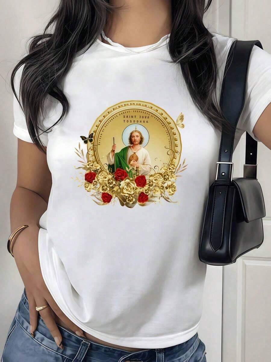 100% Cotton. Representation Of Saint John Surrounded By Golden And Red Flowers Symbolizes Faith, Hope, And Divine Protection With Artistic Details. 100% Cotton Women's T-Shirt, Elegant And Comfortable. Women's Simple Solid Color T-Shirt, Loose And Slim Fit Casual Short Sleeve - 白色的 - 查看 1