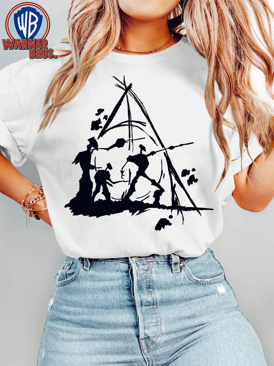 Warner Bros. Women's T-Shirt - Iconic Vintage 90s Battle Silhouette, Suitable For Warner Bros. Fans, Plus Size, Crew Neck, Short Sleeve, Casual Gift For Themed Outfits, Travel And Casual Wear (Machine Washable) - 白色 - 查看 1