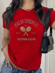 100% Cotton. Two Crossed Golden Rackets With A Ball Symbolize Passion And Sporting Energy At The Palm Springs Tennis Club Since 1984. Women's 100% Cotton Soft And Comfortable T-Shirt. Women's Simple Solid Color T-Shirt, Loose And Slim Fit Casual Short Sleeve - 紅色的 - 查看 9
