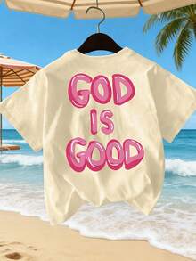 New 2026 Collection: Women's Double-Sided Printed Cotton T-Shirt - Pink Bubble Print With The Phrase "God Is Kind", For Summer And Spring, Women's Clothing, Comfortable And Practical, Short-Sleeved T-Shirt With Round Neck And Loose Fit. - 杏色 - 查看 4