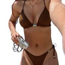New 2026 Solid Color Bikini With Beaded Straps, Sexy Two-Piece Swimsuit For Women. - JY1073-新增 - 查看 6