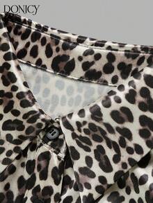 DONICY Camicia da donna in raso con stampa leopardata marrone, maniche corte, casual da ufficio per l'estate - Multicolore - Visualizzare 5