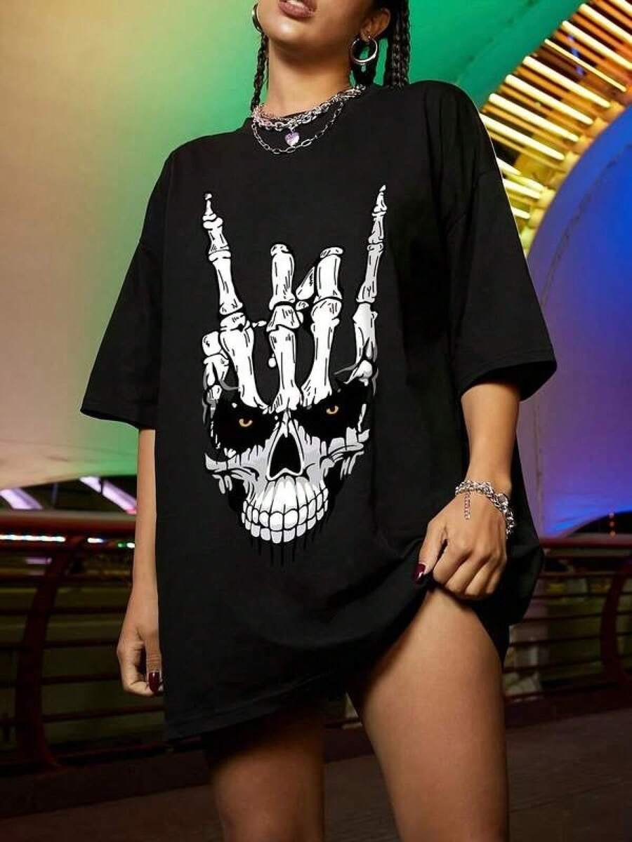100% Algodón Premium 180g : Camiseta estampada cráneo aterrador + blusa de manga corta + estilo urbano + diseño llamativo para jóvenes + disponible en tallas S, M, L, XL + colores modernos negro y blanco + moda unisex +  actual. Ropa de Moda Casual Suave y Transpirable para Diario - Negro - Ver 1