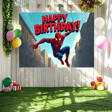 1pc Spider-Man Happy Birthday Backdrop Marvel Superhero Boy Party Decoration Cartoon Photography Background Indoor Holiday Gathering Scene Layout Cake Table Wall Tapestry Anime Fan Birthday Party Props Wall Hanging Decor - 多色 - 查看 1