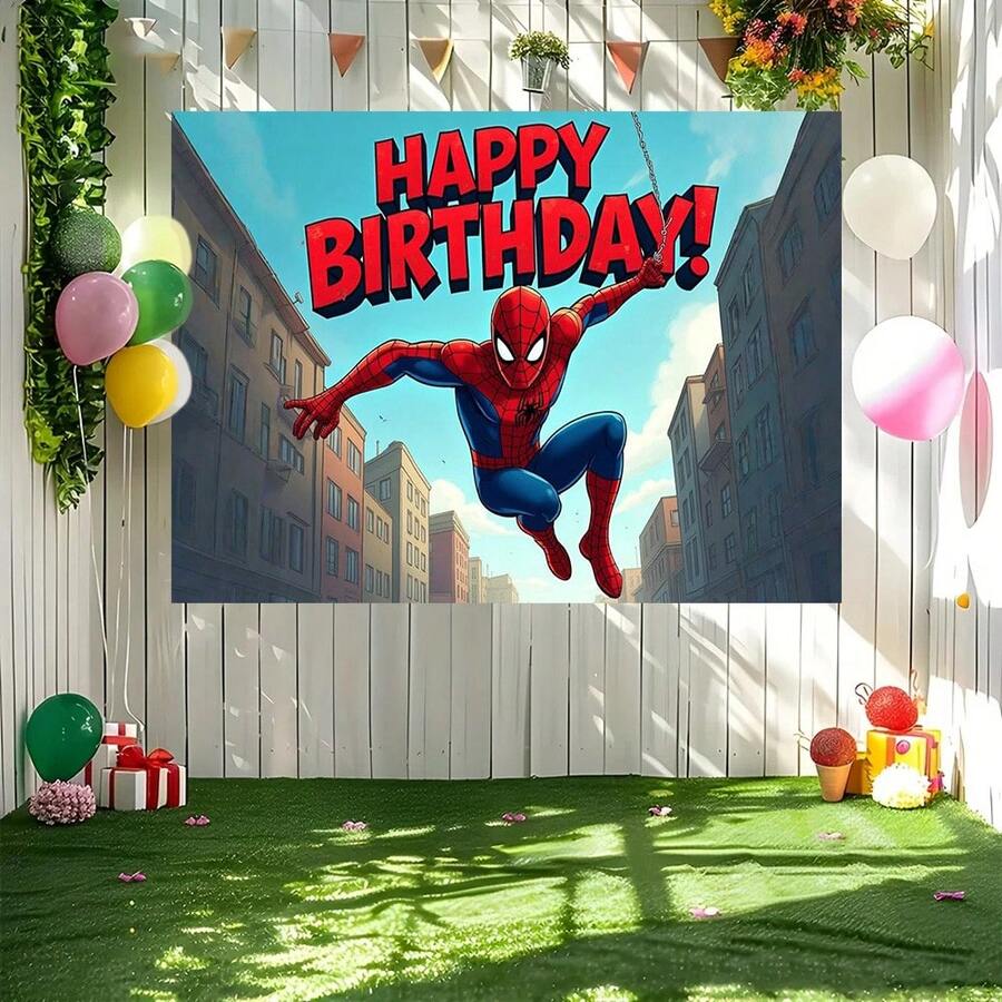 1pc Spider-Man Happy Birthday Backdrop Marvel Superhero Boy Party Decoration Cartoon Photography Background Indoor Holiday Gathering Scene Layout Cake Table Wall Tapestry Anime Fan Birthday Party Props Wall Hanging Decor - 多色 - 查看 1