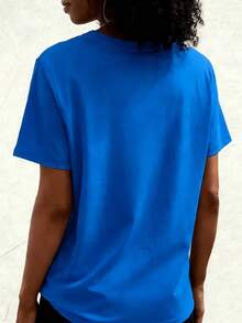 Women's Cotton T-Shirt, Sizes M-5XL, Casual Loose Fit, Round Neck, Short Sleeve, Heart And Feather Print, Gold And Silver Graphic, Comfortable Top For Everyday Wear, Soft Women's Clothing - 藍色 - 查看 3