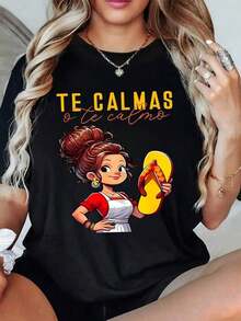 100% Cotton. Fun Illustration Of A Mexican Woman With A Raised Sandal Symbolizing Family Humor And Female Strength With The Funny Phrase "Te Calmas O Te Calmo" (Calm Down Or I'll Calm You Down) In A Comic Style. Women's 100% Cotton Comfortable And Casual T-Shirt. Women's Simple Solid Color T-Shirt, Loose And Slim Fit Casual Short Sleeve - 黑色 - 查看 9