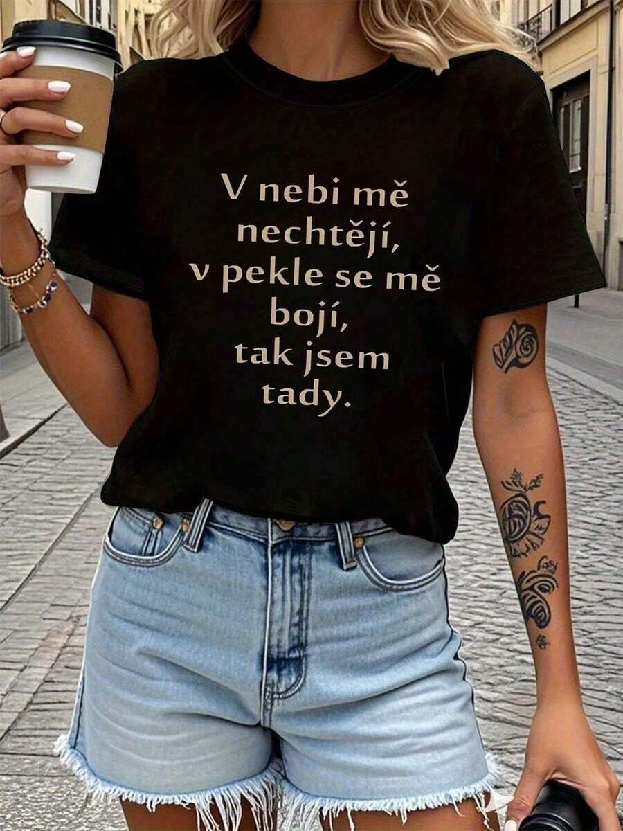 Women's Blouses. Czech Paradise Doesn't Want Me, But Hell Fears Me, So Here I Am. Women's Letter Print T-Shirt, Casual Short Sleeve Round Neck Top, Women's Clothing For Spring-Summer. - 黑色 - 查看 1