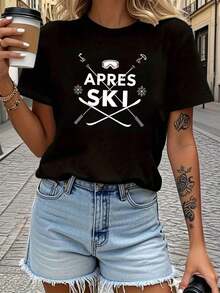 Women's Ski-Themed T-Shirt Compatible With Ski Equipment - Casual Short-Sleeve Crew Neck Top With Ski Graphics And Skier Design, Machine Washable Winter Clothing For Away From Skiing, Ski Parties, Casual Wear (All Seasons) Women's Blouses > Clothing - 黑色 - 查看 1