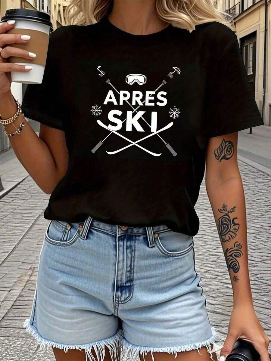 Women's Ski-Themed T-Shirt Compatible With Ski Equipment - Casual Short-Sleeve Crew Neck Top With Ski Graphics And Skier Design, Machine Washable Winter Clothing For Away From Skiing, Ski Parties, Casual Wear (All Seasons) Women's Blouses > Clothing - 黑色 - 查看 1