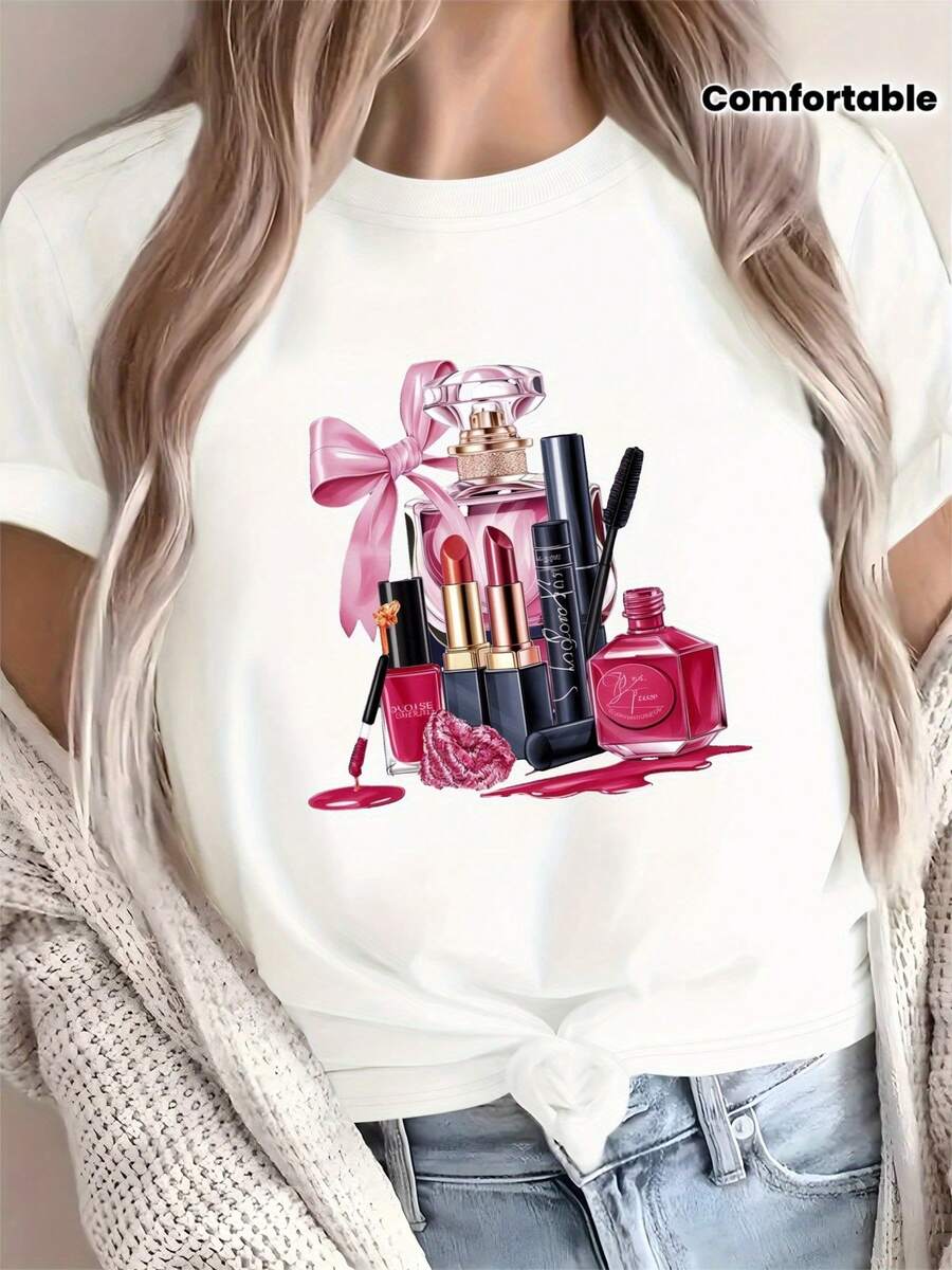Women's Comfortable And Pure T-Shirt With Cosmetics And Perfume Bottle Design - White - View 1