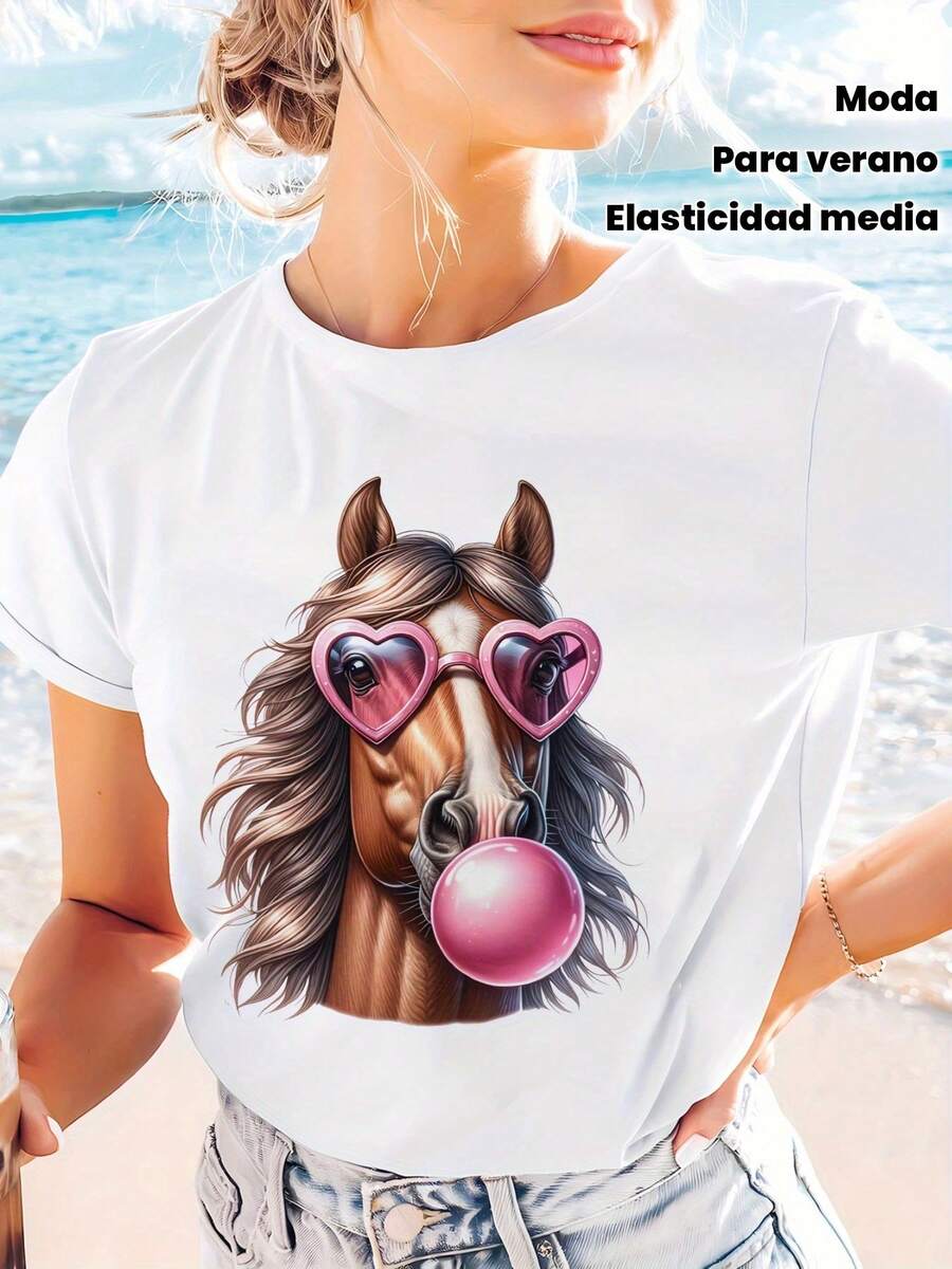 Women's T-Shirt With Horse Blowing Bubble Gum Graphic - Fun Horse Design With Heart Glasses, Soft And Stretchy Fabric, Short Sleeve And Crew Neck For Summer And Spring, Machine Washable, Gentlemen's Gifts, Medium Elasticity Shirt - 白色 - 查看 1