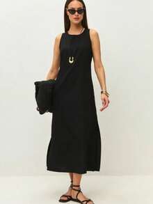 Sleeveless Dress With Round Neck And Zipper, Elegant Summer Style 2026 For Women - 黑色 - 查看 4