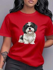 1 Piece Fashion Casual For Men And Women Shih Tzu Dog Print T-Shirt, Short Sleeve, Round Neck, Women's Clothing, Casual And Versatile, Modern And Fashionable, Suitable For Daily Wear, Dates, Casual Wear, And Home Wear. OB6L Is Versatile, Easy To Match, Suitable For Daily Wear, Urban Style, Vacation Outfits, And Weekend Wear. - 紅色 - 查看 1