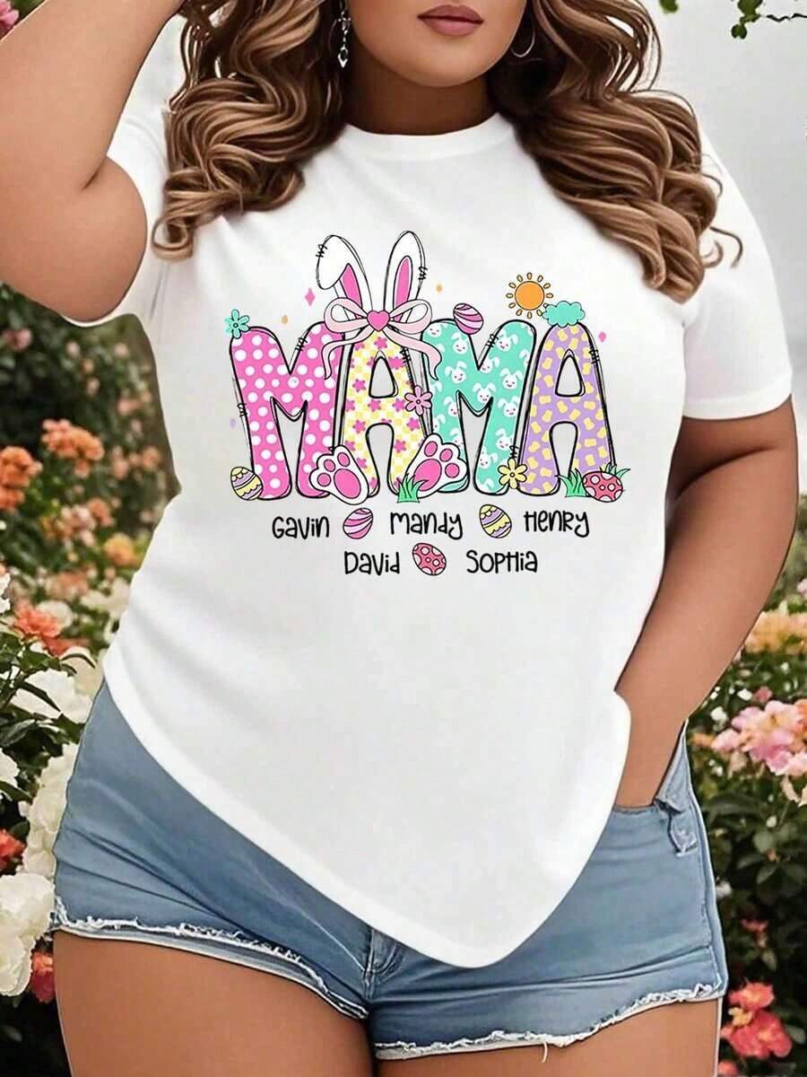 Personalized Easter T-Shirt For Mom With Children's Names, Bunny Ears And Egg Design For Easter Celebration, Spring Clothing For Women, Plus Size T-Shirt - 白色 - 查看 1