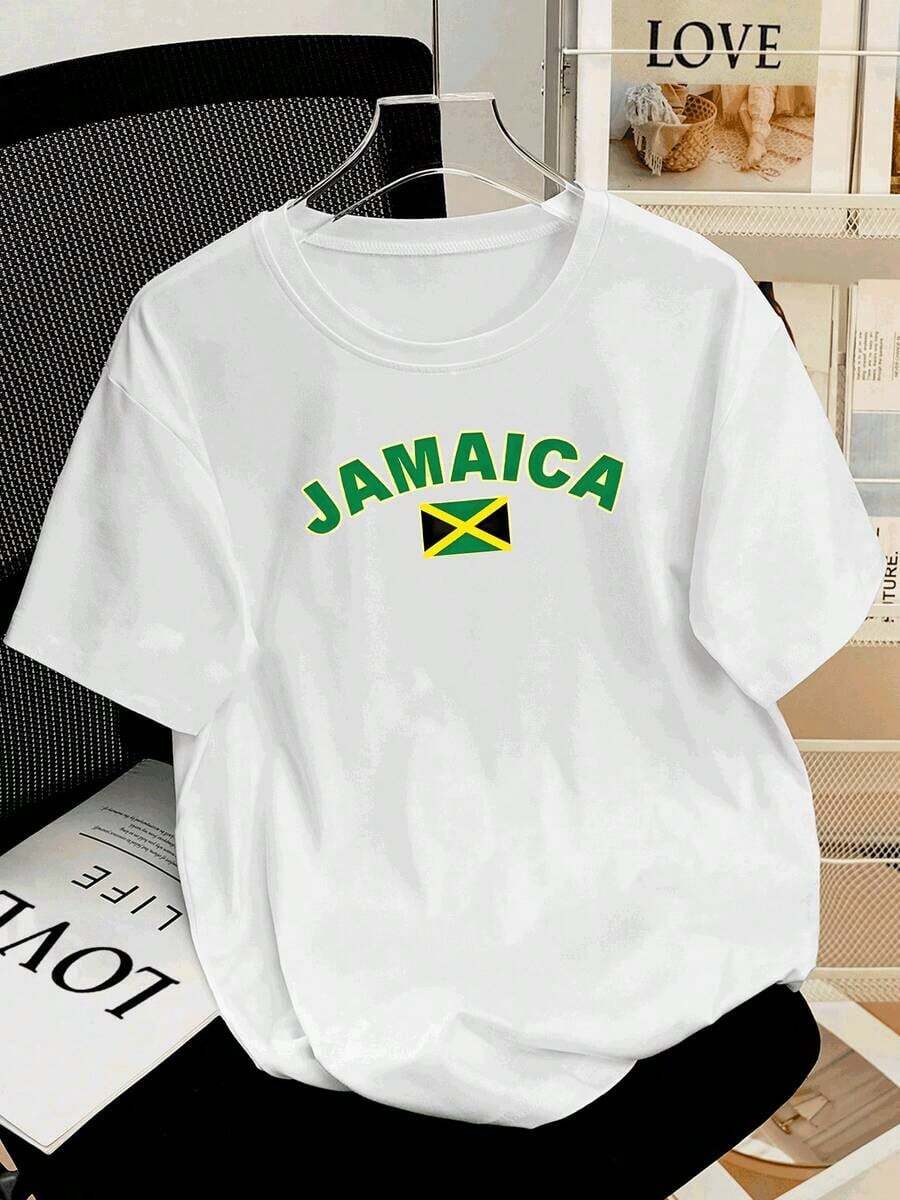 Women's T-Shirt With Jamaica Print, Casual And Modern Design With Green, Black And Gold Flag, Ideal For Summer And An Authentic Look. - 白色的 - 查看 1