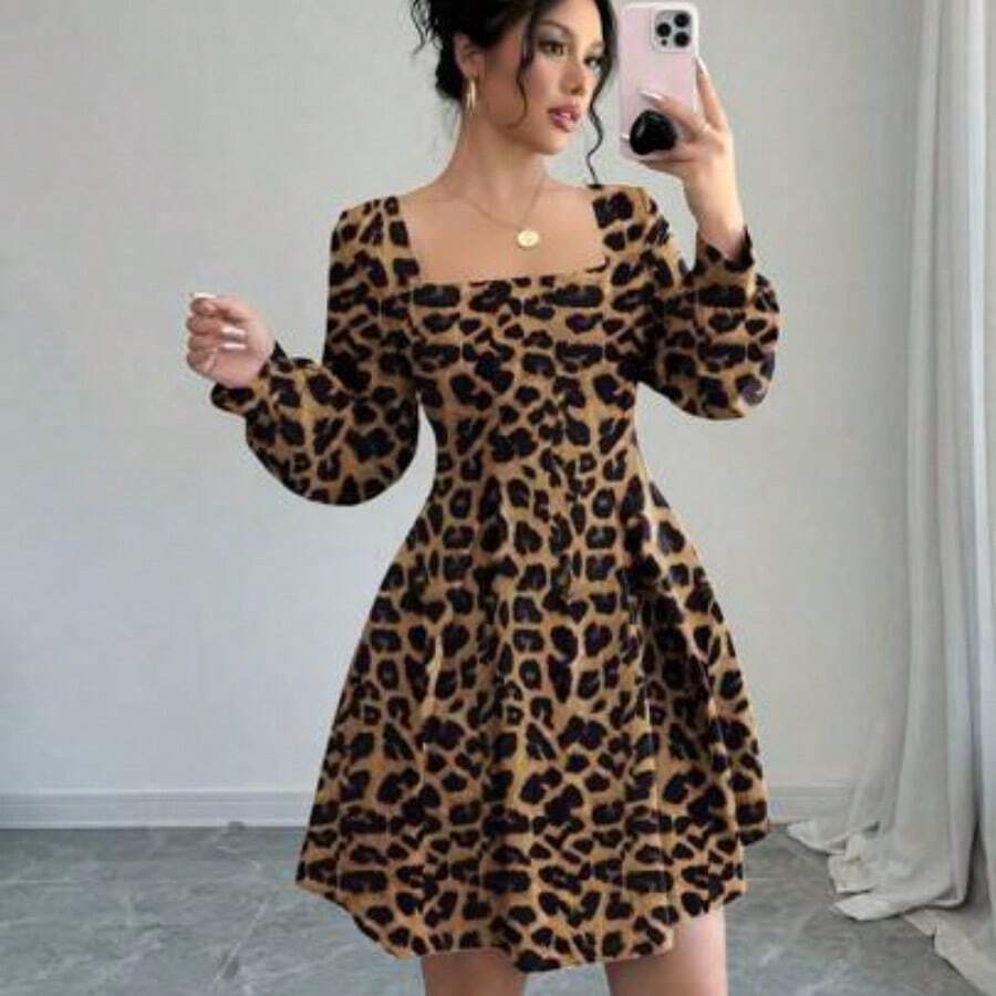Vestido midi con cinturón, cuello cuadrado y unicolor elegante para mujer, otoño - Marrón - Ver 1