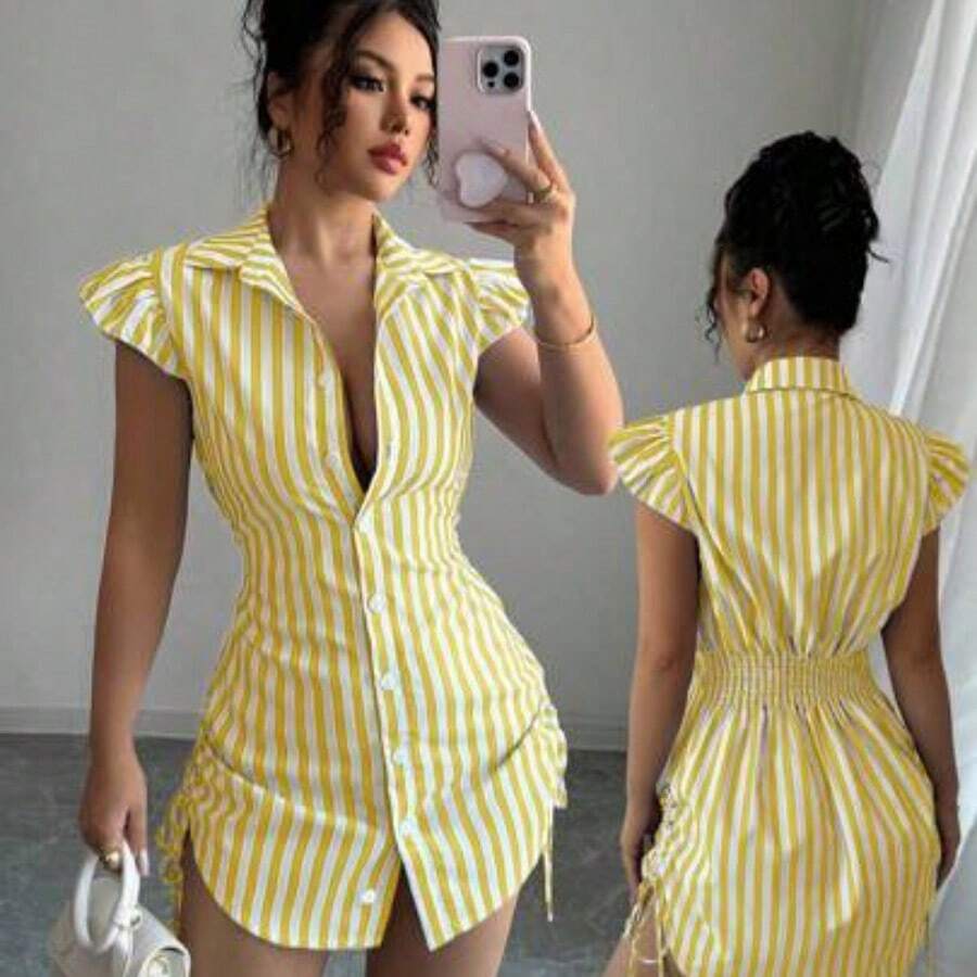 Vestido camisa elegante de vacaciones con mangas acampanadas, cintura fruncida y rayas azules - Amarillo - Ver 1