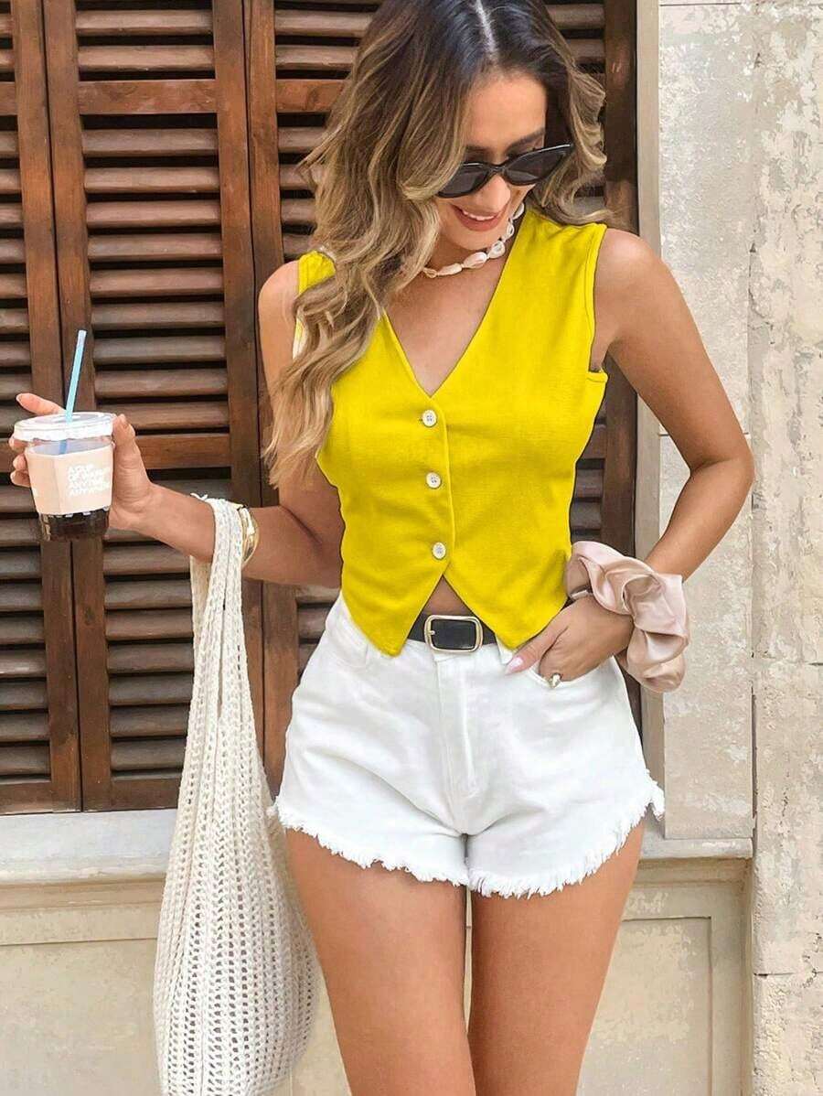 Chaleco sin mangas de mujer con textura de gofre, para uso casual en la oficina, en verano - Amarillo - Ver 1