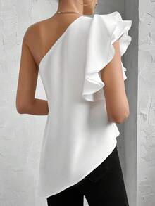 Camiseta asimétrica de verano elegante para mujer con flores 3D, sin mangas y con hombro oblicuo - Blanco - Ver 7
