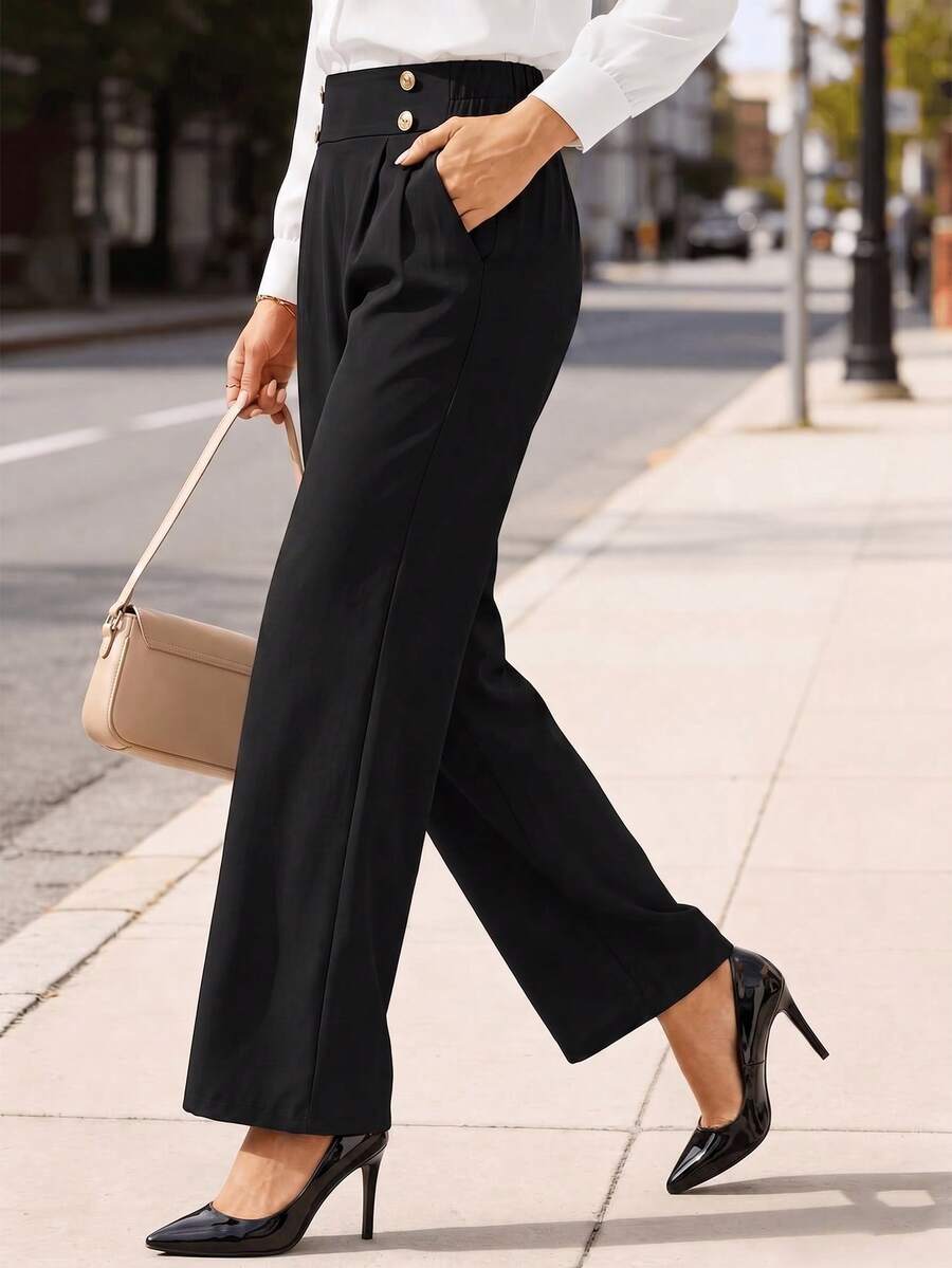 ZY Clothing Solid Color Button Pocket Linen-Like Fabric Black Straight Leg Casual Pants, Suitable For Office Commute Spring/Summer Daily Wear - Black - View 1
