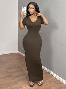 Vestido ajustado corto de manga corta con cuello en V liso para baile de graduación - Cafetería - Ver 4