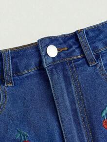MOD Falda vaquera casual con bolsillo bordado con cerezas para mujer - Azul - Ver 4