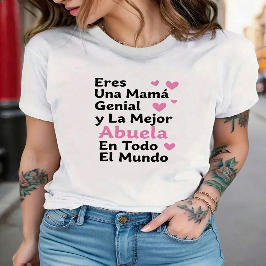 Camiseta de manga corta de algodón con cuello redondo, estilo casual y bonito para mujer, con estampado de "Mamá y Abuela" en español. - Blanco - Ver 1