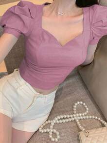 Blusa de unicolor con cuello de corazón y mangas abullonadas, blusas de manga corta, tops de verano lindos para mujer - Rosa - Ver 3