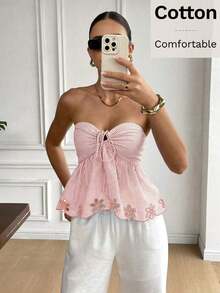 Top camisole de mujer con estampado, bordado y rayas, ideal para vacaciones con lazo delantero - Rosa Pálido - Ver 4