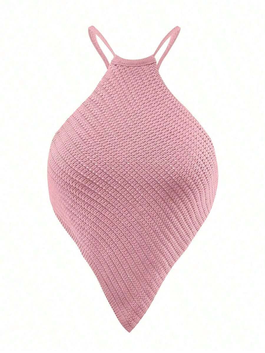 Blusa de punto de mujer de verano con cuello halter, dobladillo asimétrico y unicolor - Rosa - Ver 1