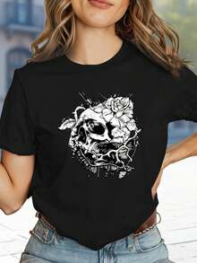 Limited Time Offer, Limited Quantities, Flash ! Women's Casual Shirts, Women's Polyester T-Shirts, Elegant Shirts. Women's Retro Skull And Rose Print T-Shirt - Perfect For Summer Casual Wear And A Gift For Rock Style Lovers. Styles, Gifts, Modern And Fashionable, Retro, Breathable, Casual - Crew Neck, Regular Fit - Machine Washable - 黑色 - 查看 1