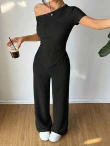 Set de 2 piezas: Camiseta con hombro asimétrico + Pantalones de pierna ancha y cintura baja, Ropa de estar en casa casual - Negro - Ver 5