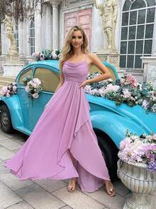Vestido formal elegante y minimalista para mujer, vestido de dama de honor de verano, adecuado para bodas, invitados, galas, eventos formales, fiestas de compromiso, bodas de jardín - Vestido largo de dama de honor con cuello drapeado, bajo asimétrico y tirantes, unicolor, primavera - Púrpura malva - Ver 4