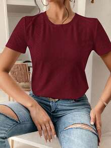 Camiseta blanca de cuello redondo con bordado de ojales, minimalista para ir a la oficina, estilo antiguo y sencillo - Burdeos - Ver 3