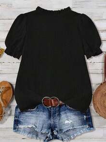 Blusa casual con cuello en V, volantes y mangas de pétalos acanalados para tallas grandes - Negro - Ver 2