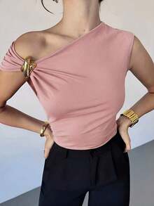 Camiseta asimétrica de hombro con decoración metálica, elegante y casual, adecuada para salir, fiestas y otras ocasiones/Otoño para mujeres/Disfraz de Halloween para mujeres/Camiseta roja de Navidad/Parte superior de fiesta de Año Nuevo/Elegantes - Rosa - Ver 6