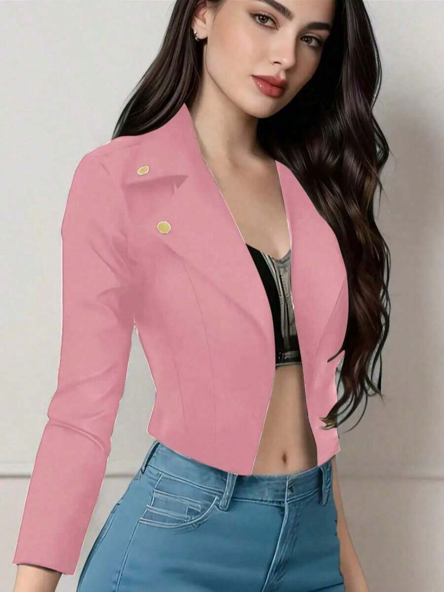 Chaqueta corta de mujer de unicolor con cuello de solapa y botones de manga larga - Rosa - Ver 1