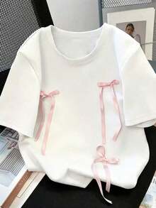 Camiseta de mujer con cuello redondo y lazo 3D - Blusa casual de cuello redondo - Camiseta ligera apta para todas las estaciones - Blanco - Ver 4