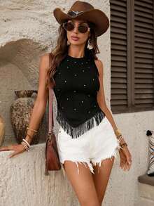Top corto con flecos y tachuelas de estilo bohemio y western para festivales de música de verano, conciertos occidentales y raves europeas de verano para mujeres - Negro - Ver 12