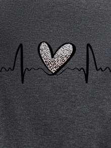 Camiseta de mujer de manga corta con cuello en V con estampado de corazón y leopardo - Gris Oscuro - Ver 6