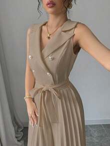 Mono elegante de mujer con diseño de doble botonadura y plisado en color albaricoque, para primavera y otoño - Caqui - Ver 4