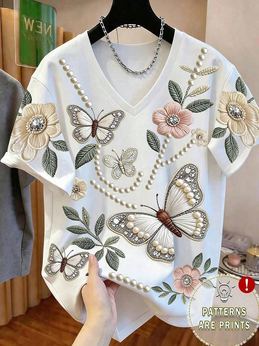Camiseta casual de manga corta con cuello en V, de talla grande, con estampado de rayas patchwork - Multicolor 5 - Ver 1