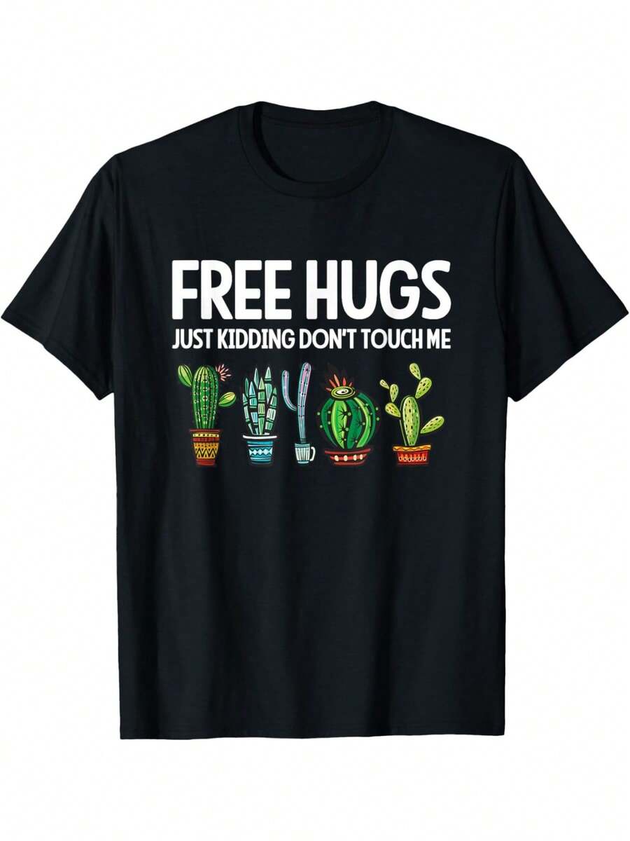 Abrazos gratis, es broma, no me toques, camiseta divertida con estampado de cactus, camiseta de manga corta cómoda y casual para el verano. - Negro - Ver 1