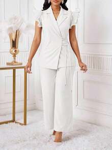 Conjunto de traje de mujer con blazer de manga con volantes rosa y pantalones elásticos de cintura alta para otoño/invierno - Blanco - Ver 4