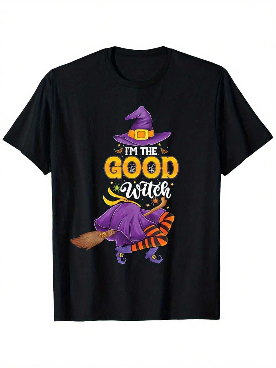 Funny Halloween Costume T-Shirt - "I'm A Good Witch" Print T-Shirt With Magic Hat - 100% Pure Cotton, Soft, Unisex - Perfect For Halloween Parties, Birthdays, And Christmas - Machine Washable Black T-Shirt, Festive Outfit, Bold Print Design, Durable Material, Casual Wear, Excellent Gift Choice - 黑色 - 查看 1